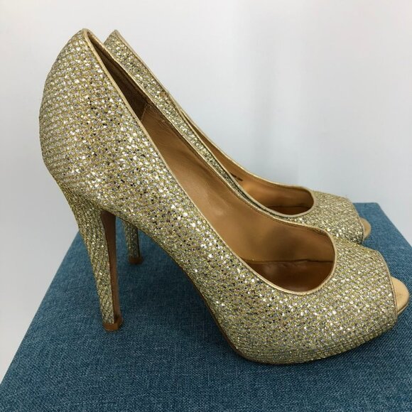 Badgely Mischka Gold Glitter Humbie II Peep Toe Platform Evening Pumps 7.5L & 8R - Picture 4 of 14